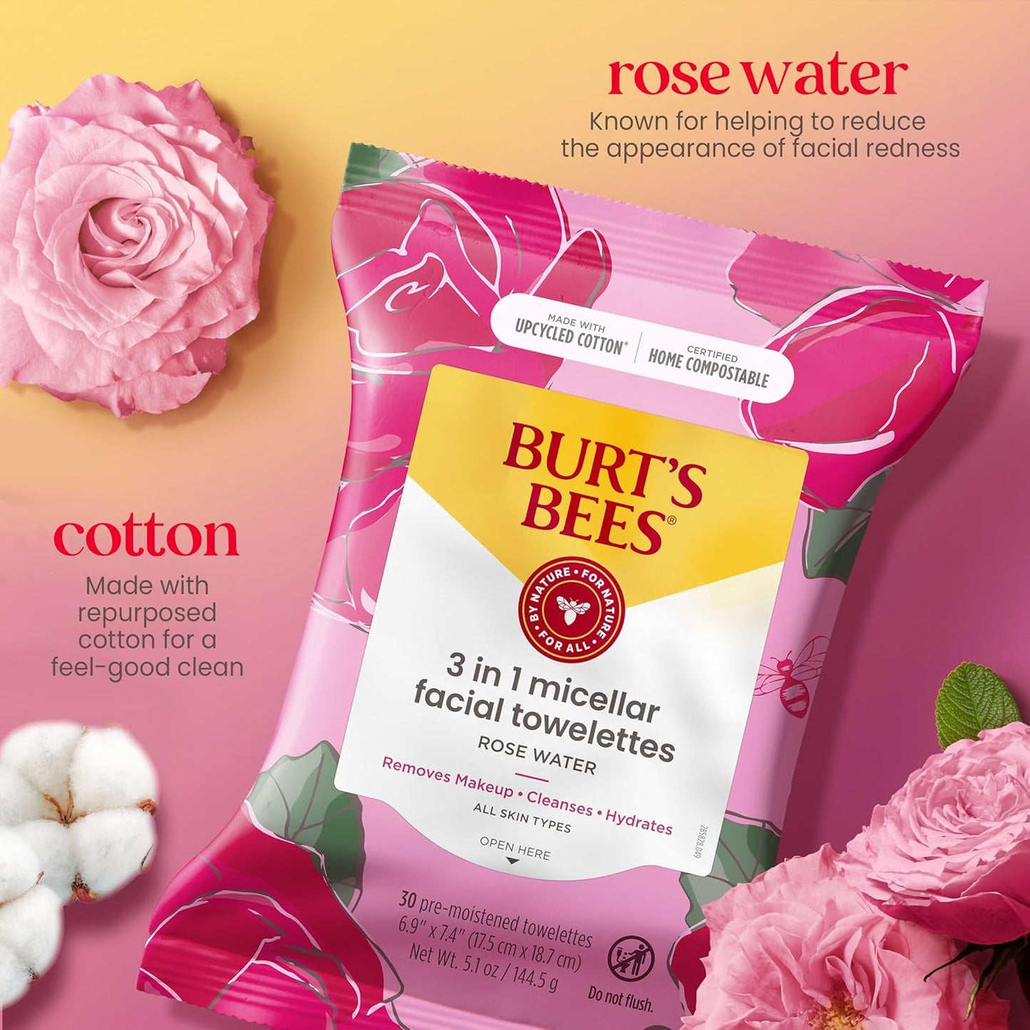 Rose Water Face Wipes, for All Skin Types, Hydrating Micellar Makeup Remover & Facial Cleansing Towelettes, 30 Ct (3-Pack)